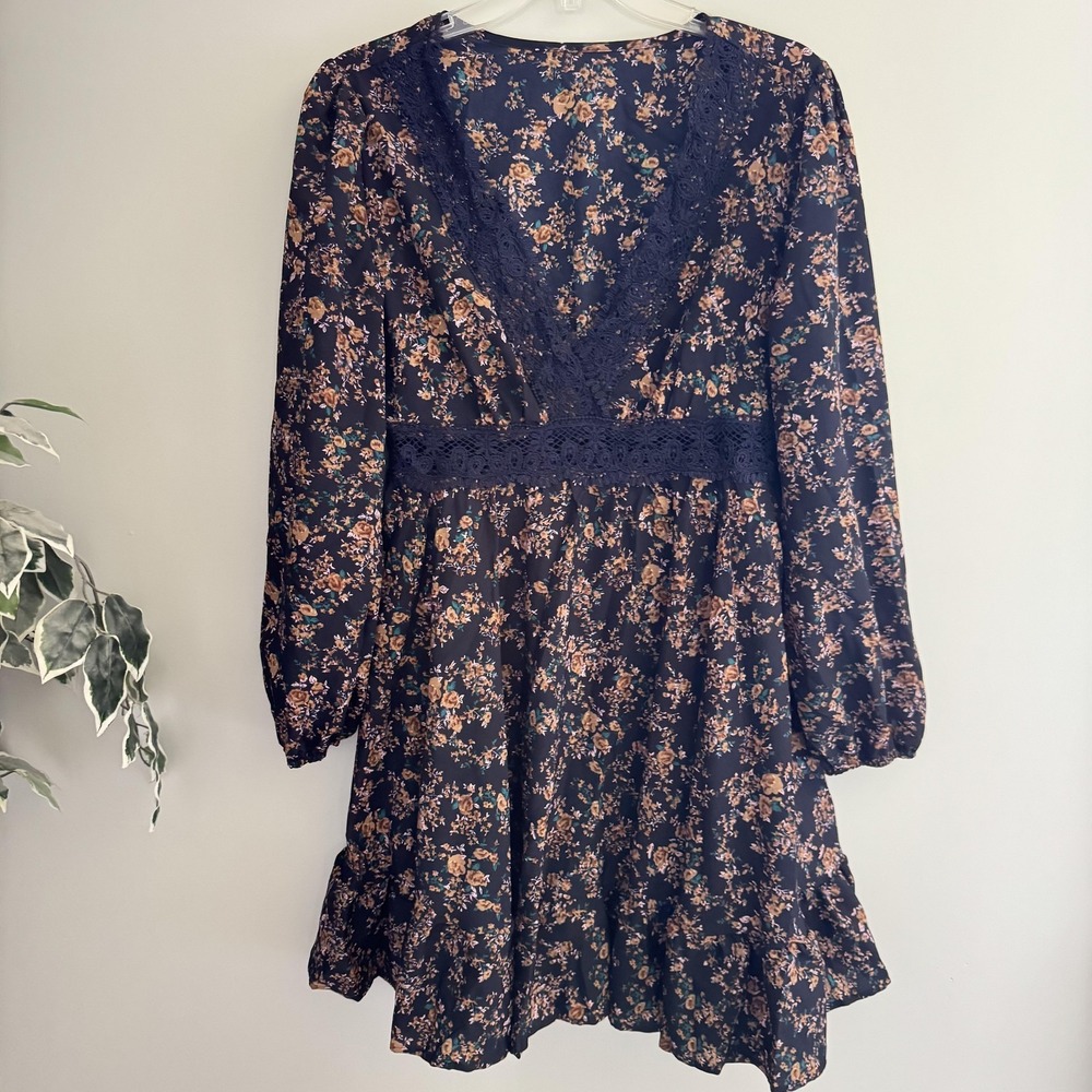Imexn‎ Dress Womens Large Blue Floral Lace Long Sleeve V Neck Ruffle Boho Short